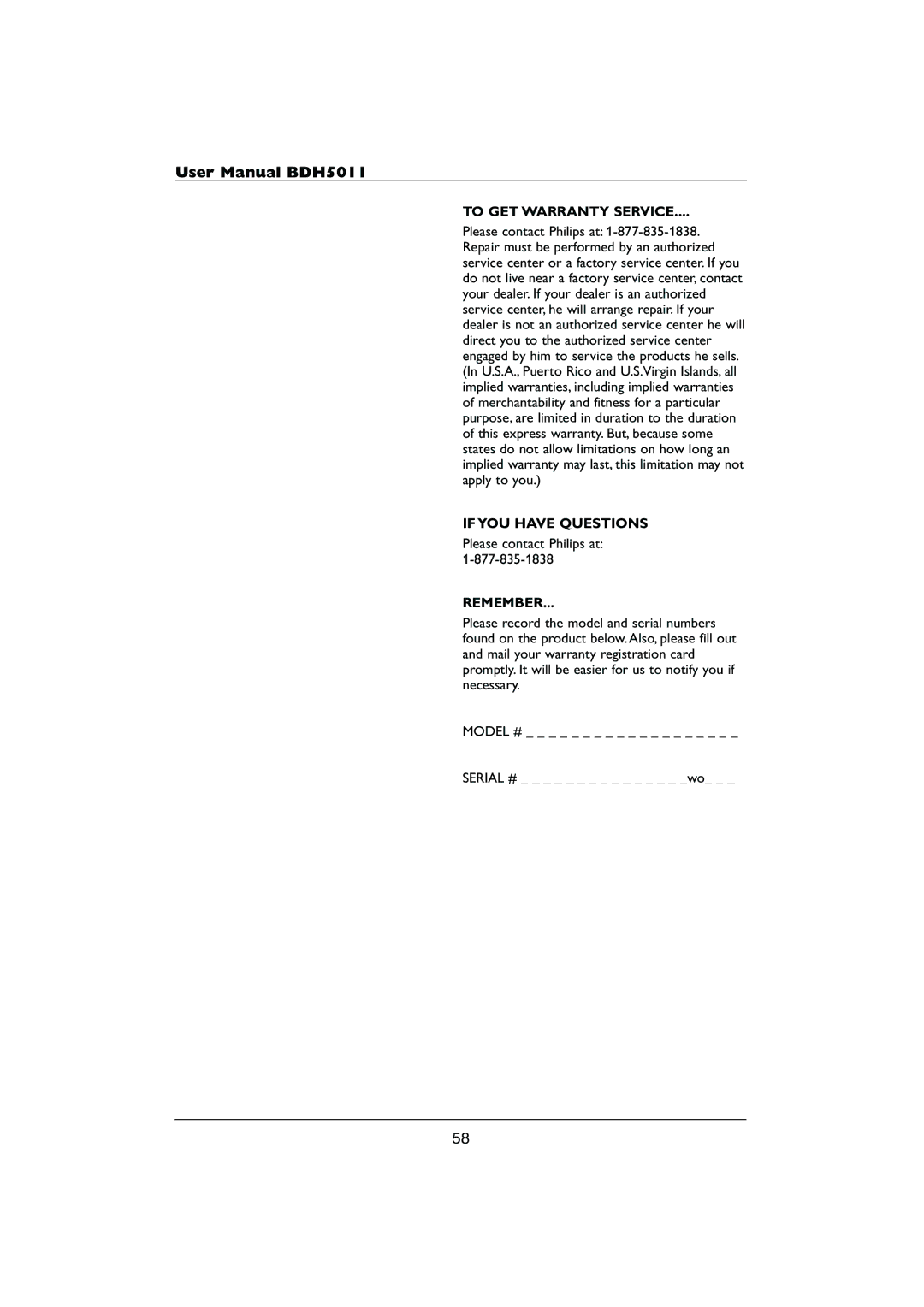 Philips HDTV user manual To GET Warranty Service, If YOU have Questions, Remember 