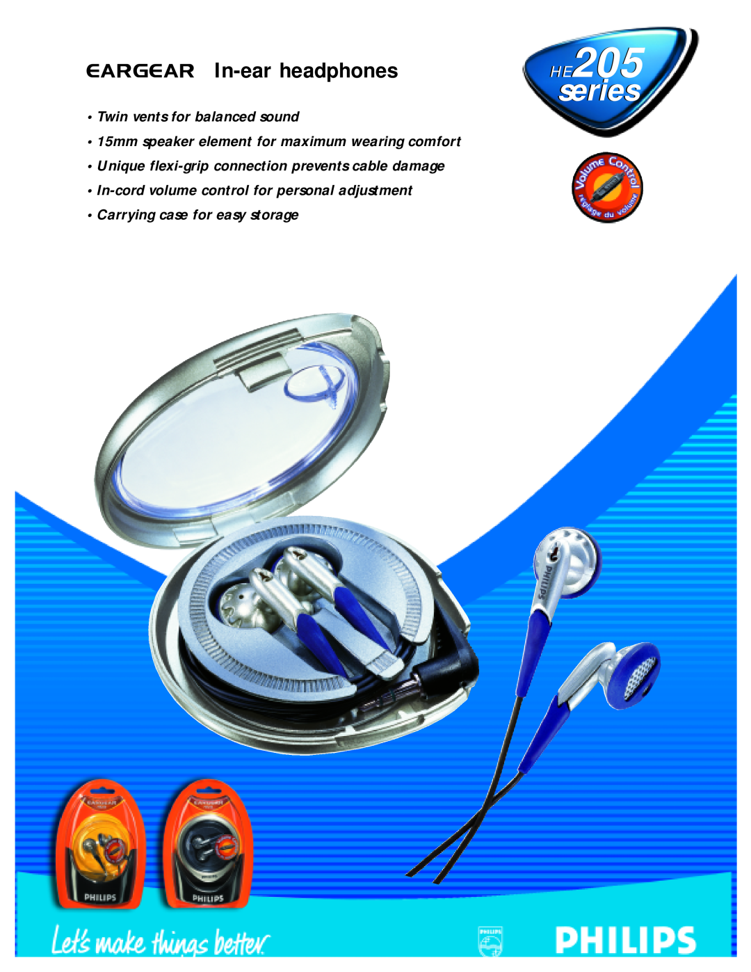 Philips HE205 Series manual EARGEAR In-earheadphones, series, Twin vents for balanced sound 