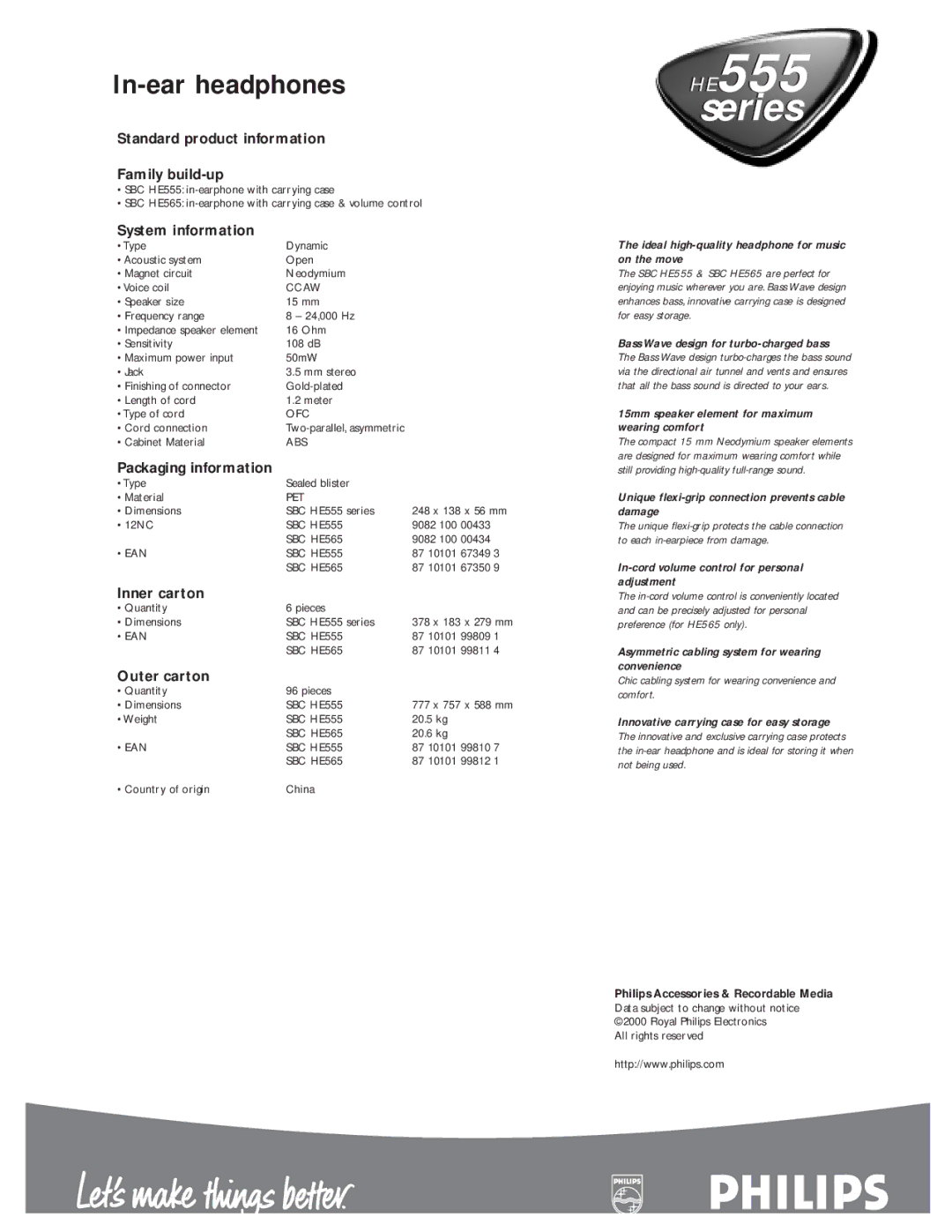 Philips HE555 manual Standard product information Family build-up, System information, Packaging information, Inner carton 