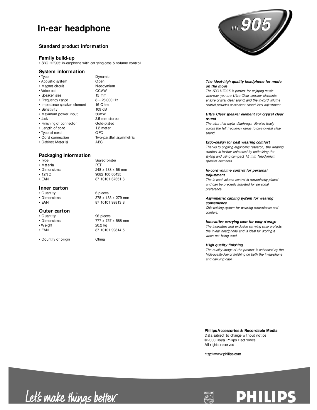 Philips HE905 manual Standard product information Family build-up, System information, Packaging information, Inner carton 