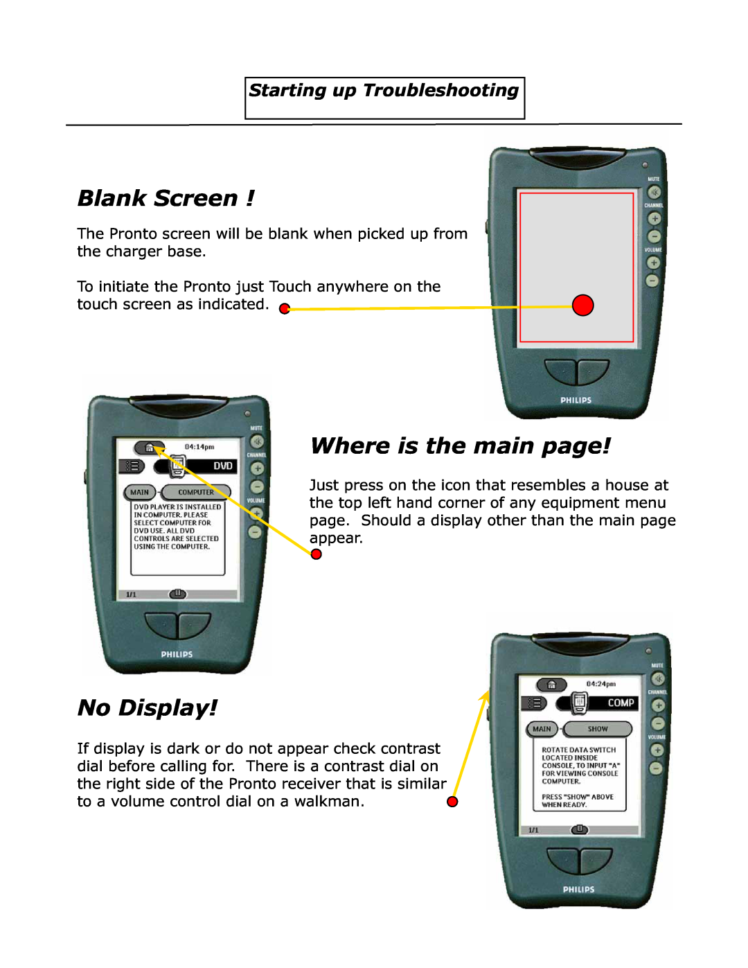 Philips Head Hall C13 manual Starting up Troubleshooting, Blank Screen, Where is the main page, No Display 