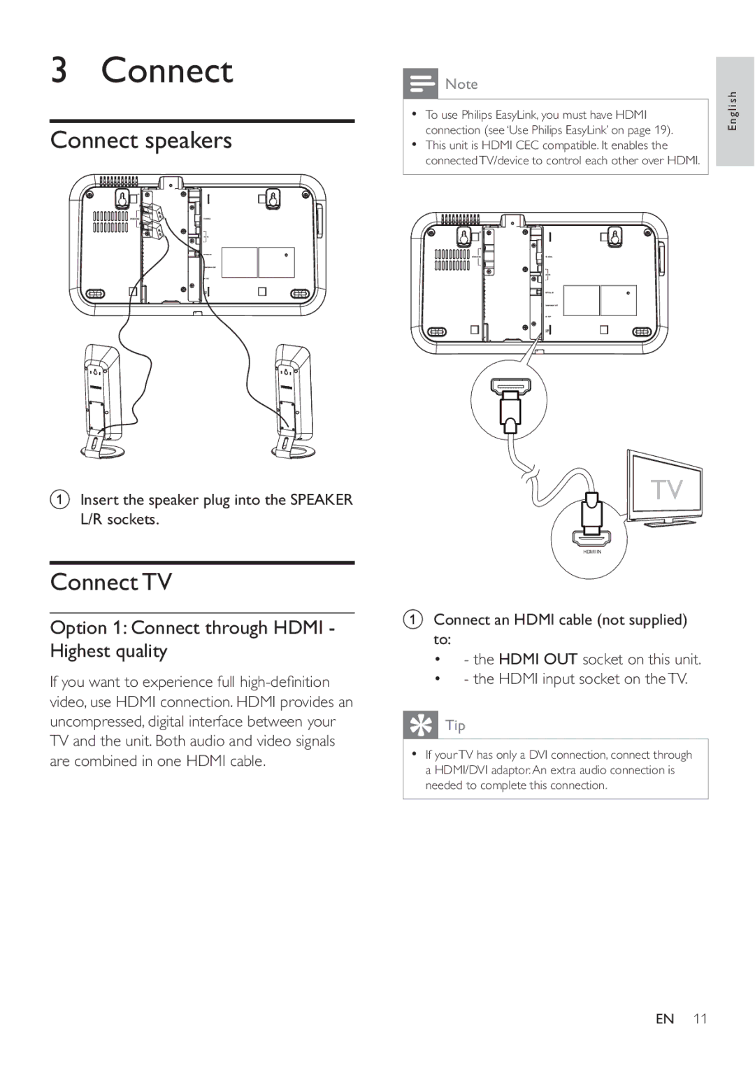 Philips HES4900/98 user manual Connect speakers, Connect TV, Option 1 Connect through Hdmi Highest quality 