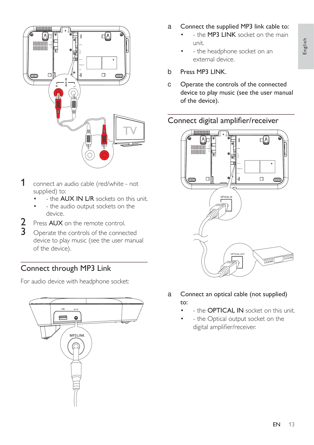 Philips HES4900/98 user manual Connect through MP3 Link, Connect digital ampliﬁ er/receiver, Headphone socket on an 