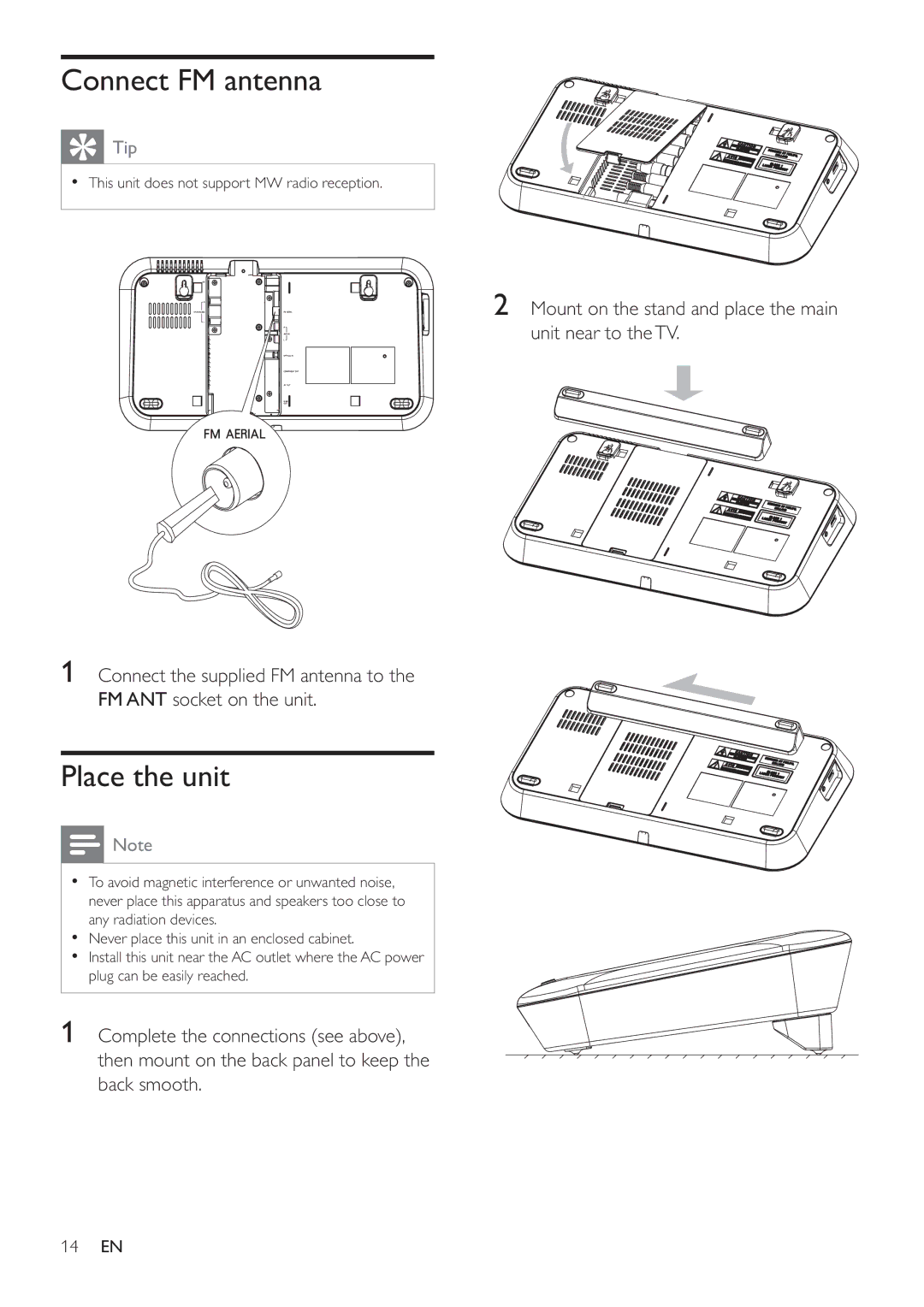 Philips HES4900/98 user manual Connect FM antenna, Place the unit 