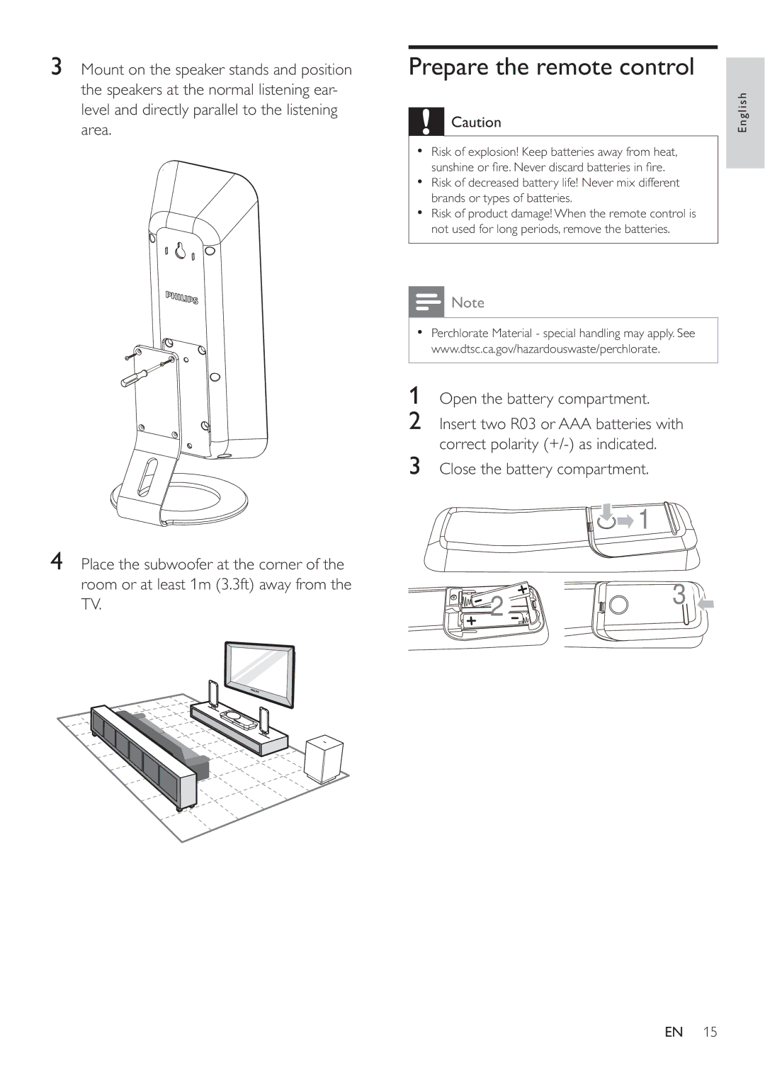 Philips HES4900/98 user manual Prepare the remote control, Open the battery compartment, Close the battery compartment 