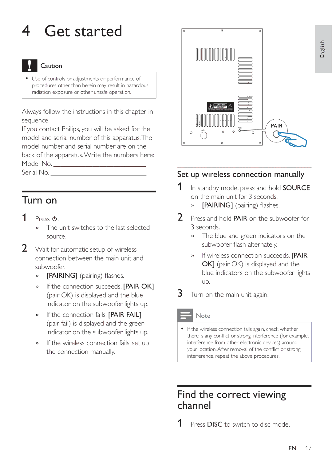 Philips HES4900/98 Get started, Turn on, Find the correct viewing channel, Set up wireless connection manually 