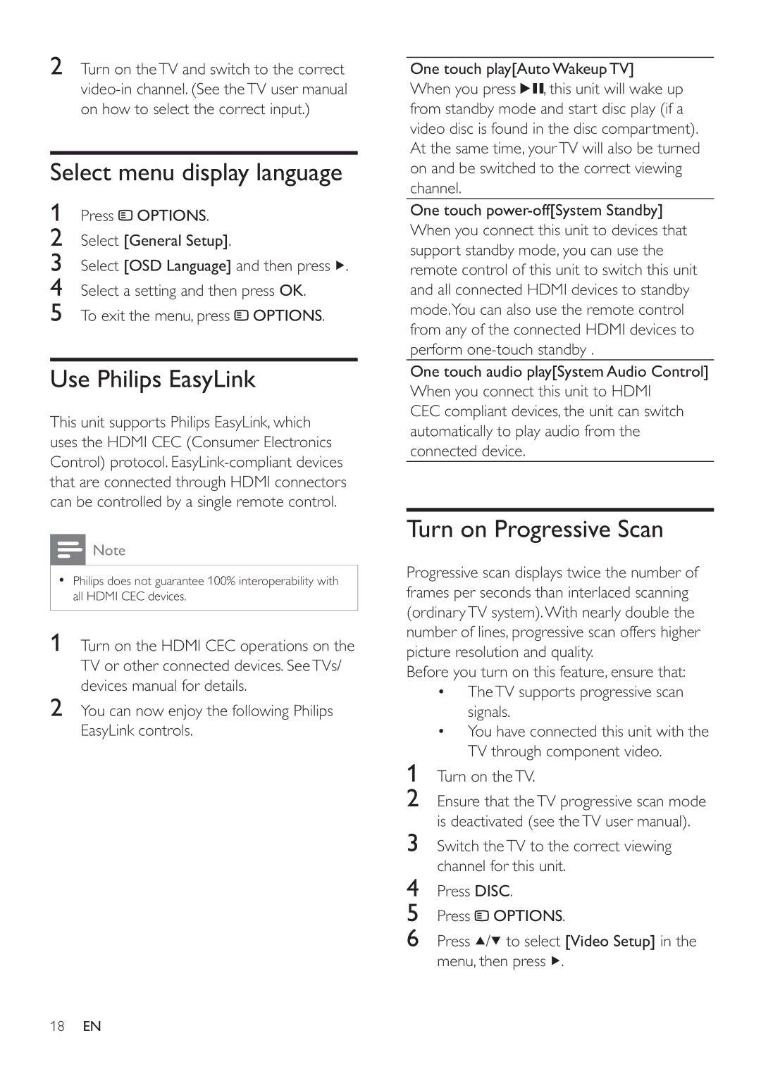 Philips HES4900/98 user manual Select menu display language, Use Philips EasyLink, Turn on Progressive Scan 