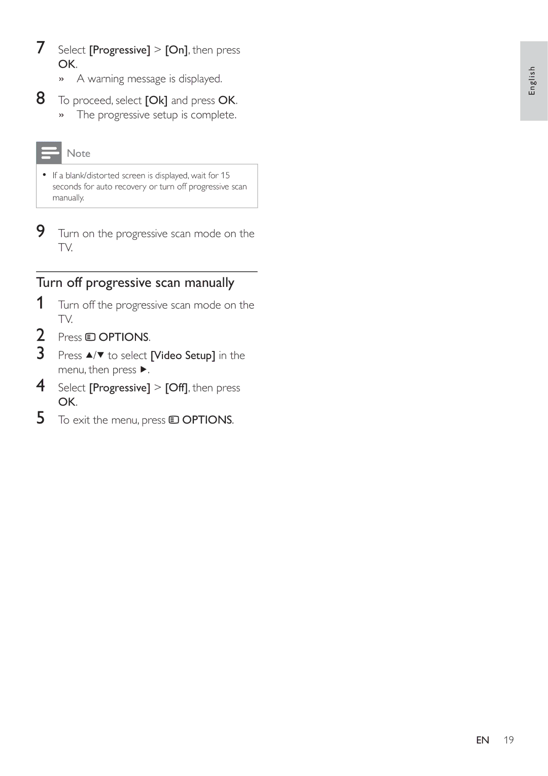 Philips HES4900/98 user manual Turn off progressive scan manually, Turn on the progressive scan mode on the TV 