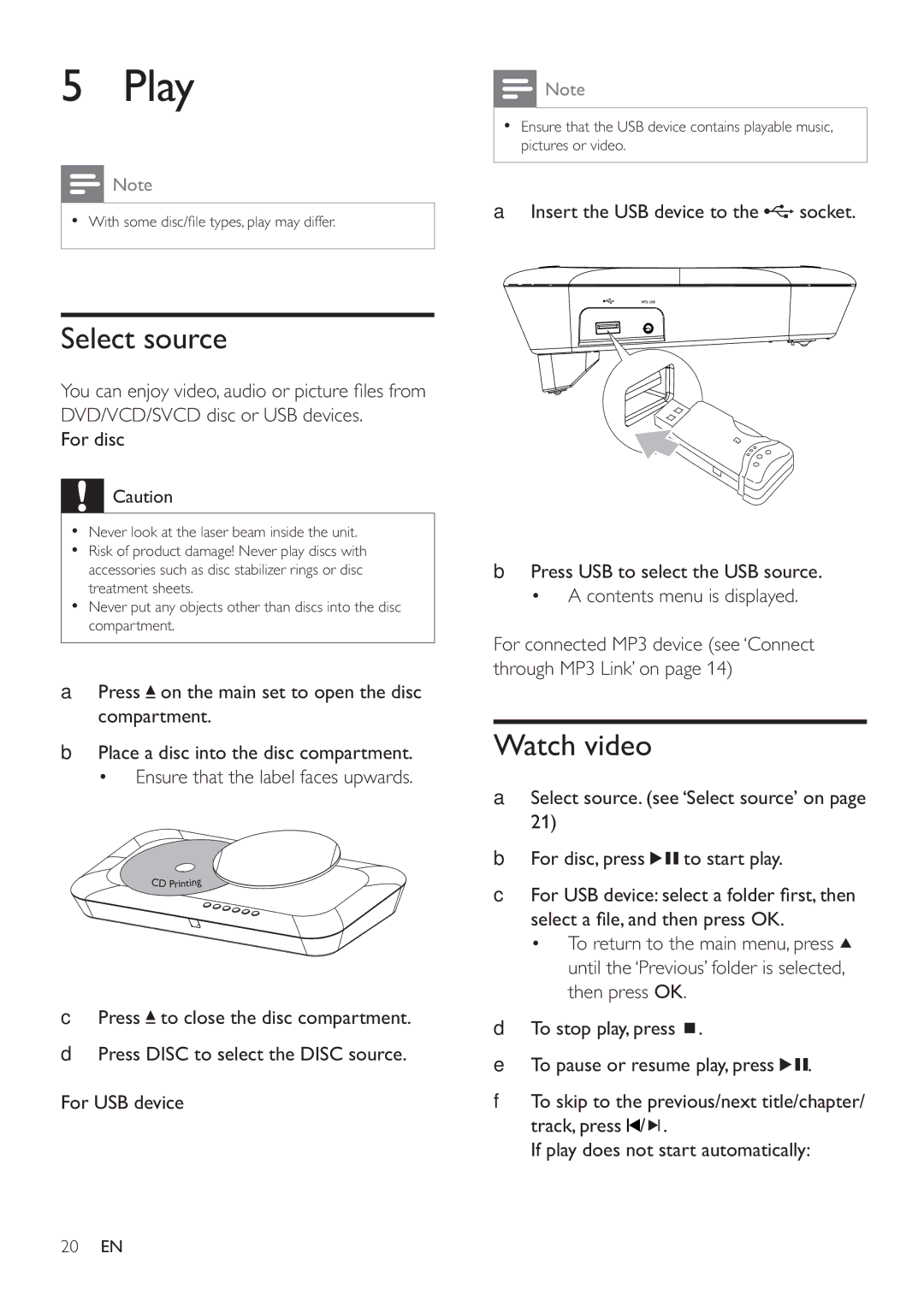 Philips HES4900/98 user manual Play, Select source, Watch video, Insert the USB device to the socket, For disc 