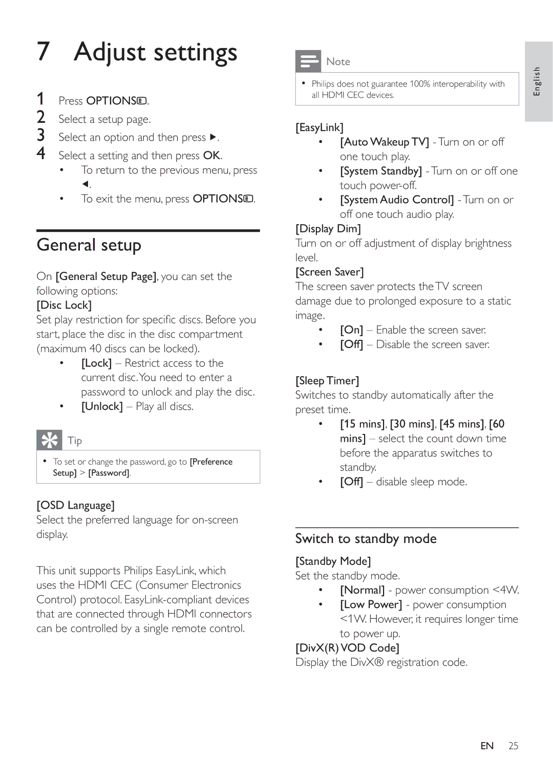 Philips HES4900/98 user manual Adjust settings, General setup, Switch to standby mode, Unlock Play all discs 