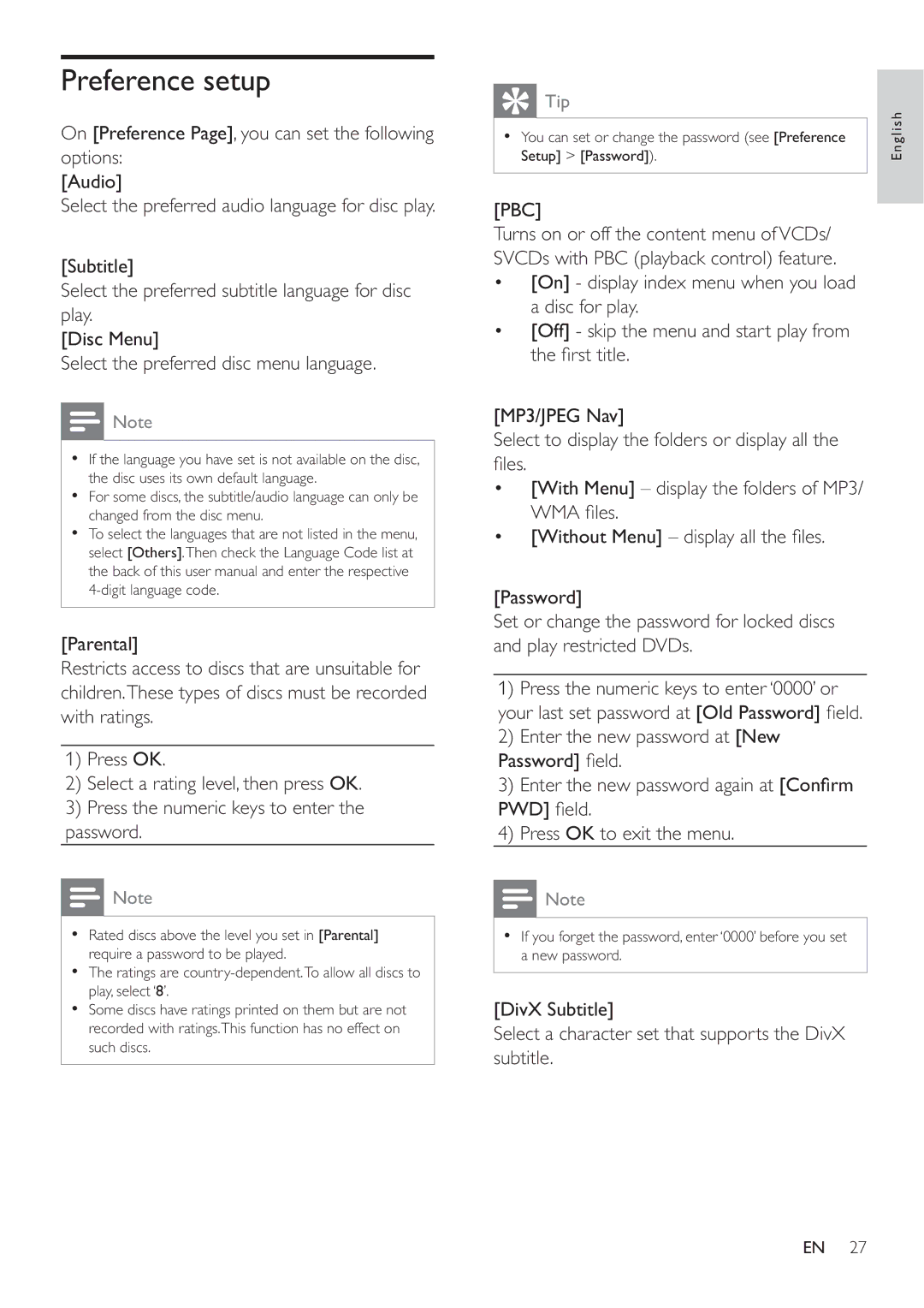 Philips HES4900/98 user manual Preference setup, Pbc 