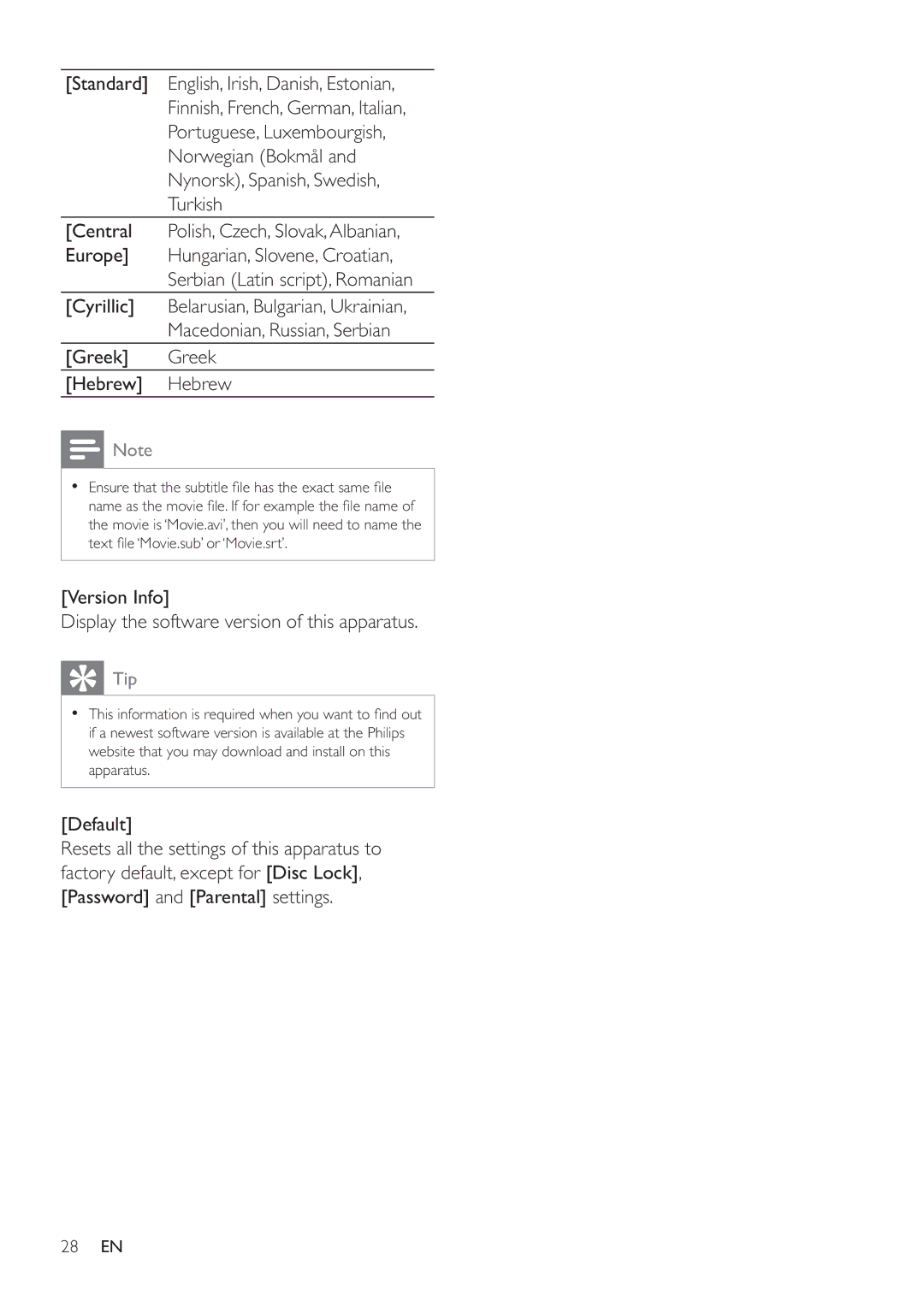 Philips HES4900/98 Greek Greek Hebrew Hebrew, Version Info Display the software version of this apparatus, Default 