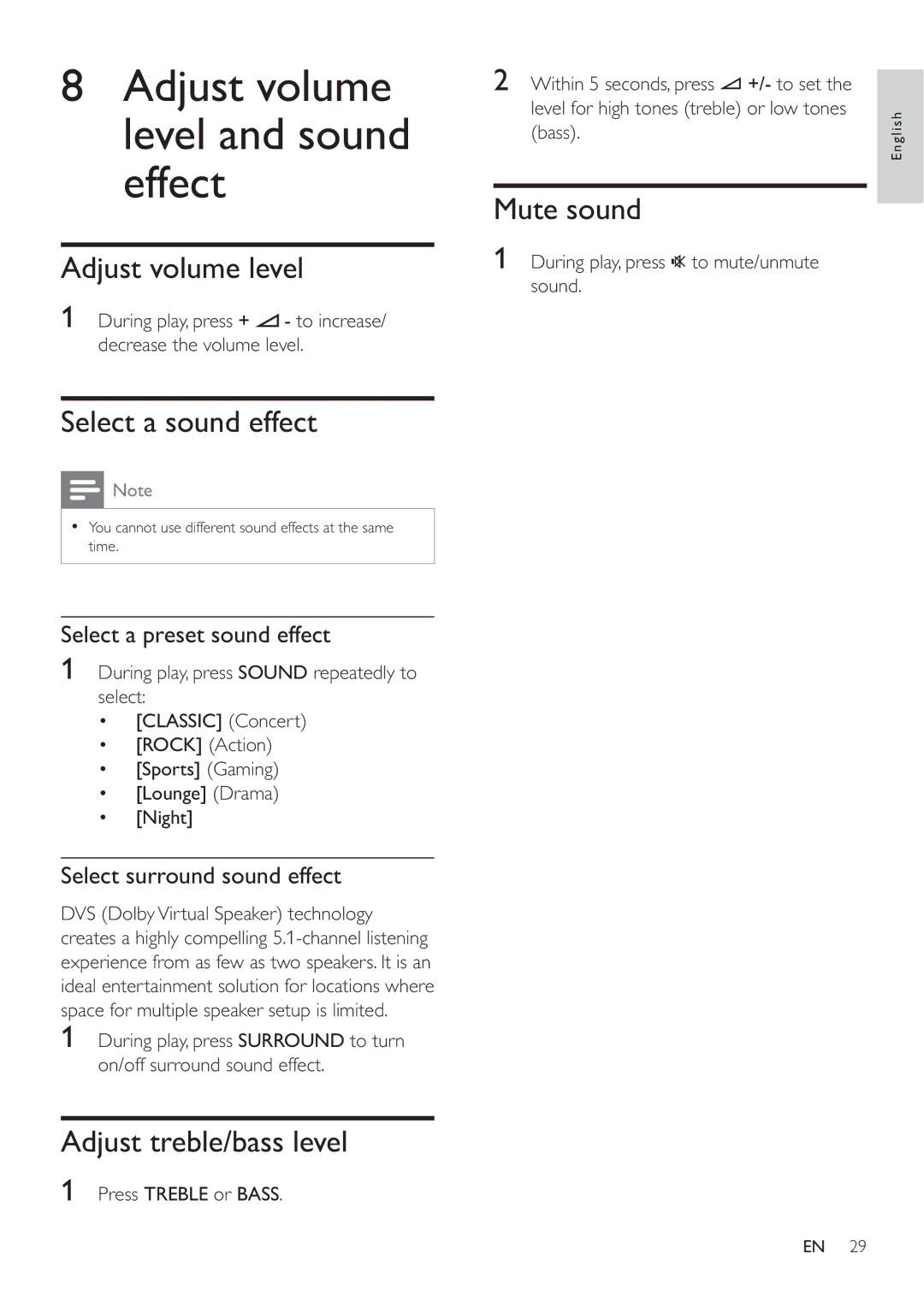 Philips HES4900 Adjust volume level and sound effect, Select a sound effect, Adjust treble/bass level, Mute sound 