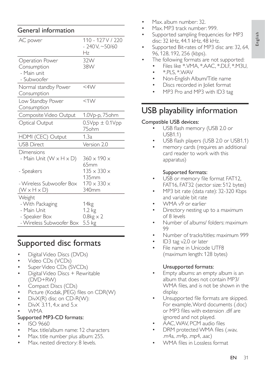 Philips HES4900/98 user manual Supported disc formats, USB playability information, General information, Wma 