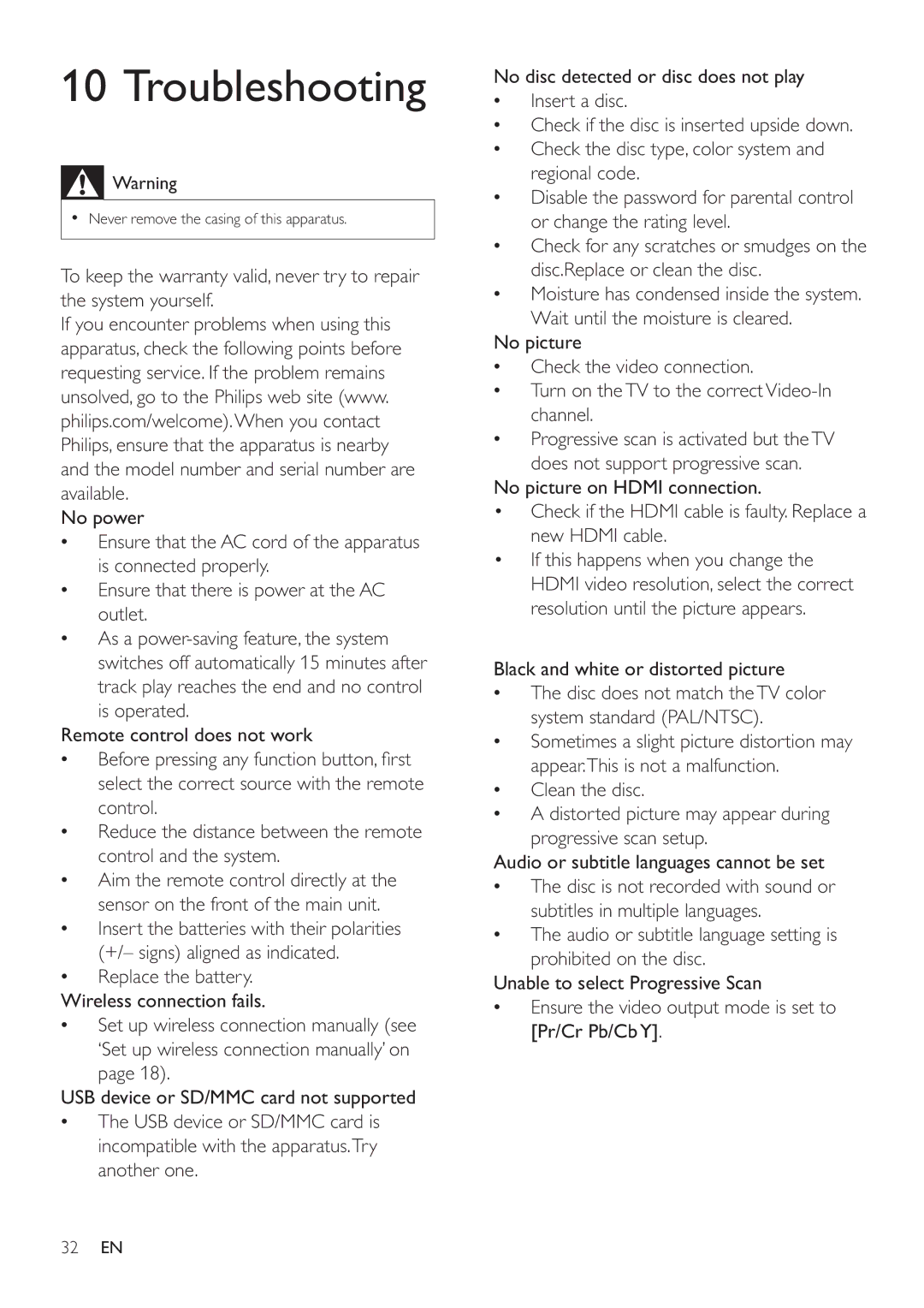 Philips HES4900/98 Troubleshooting, Replace the battery Wireless connection fails, Black and white or distorted picture 