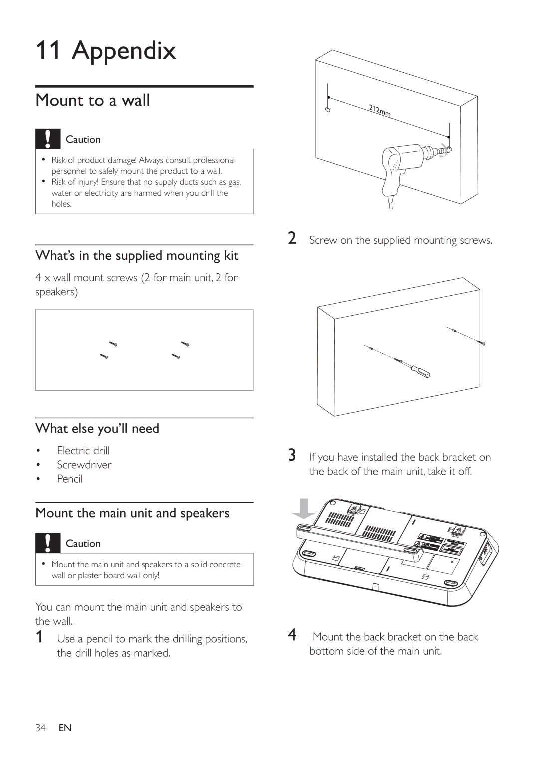 Philips HES4900/98 user manual Appendix, Mount to a wall, What’s in the supplied mounting kit, What else you’ll need 