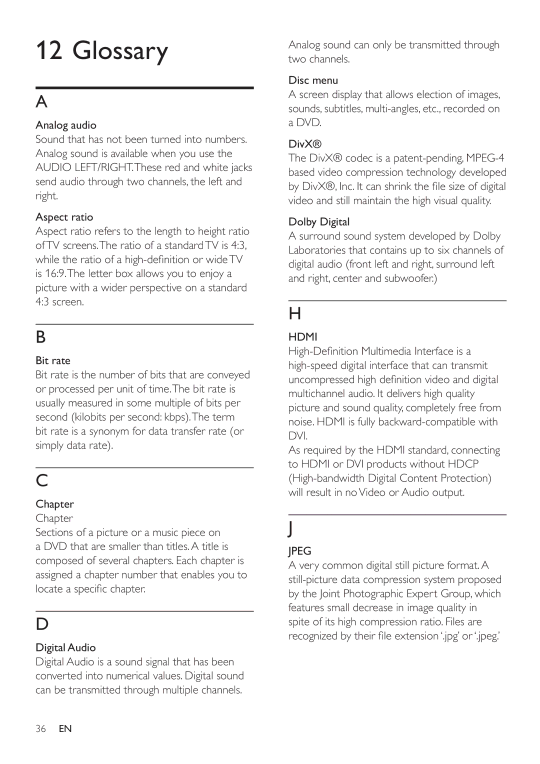 Philips HES4900/98 user manual Glossary, Dolby Digital, Hdmi, Jpeg 