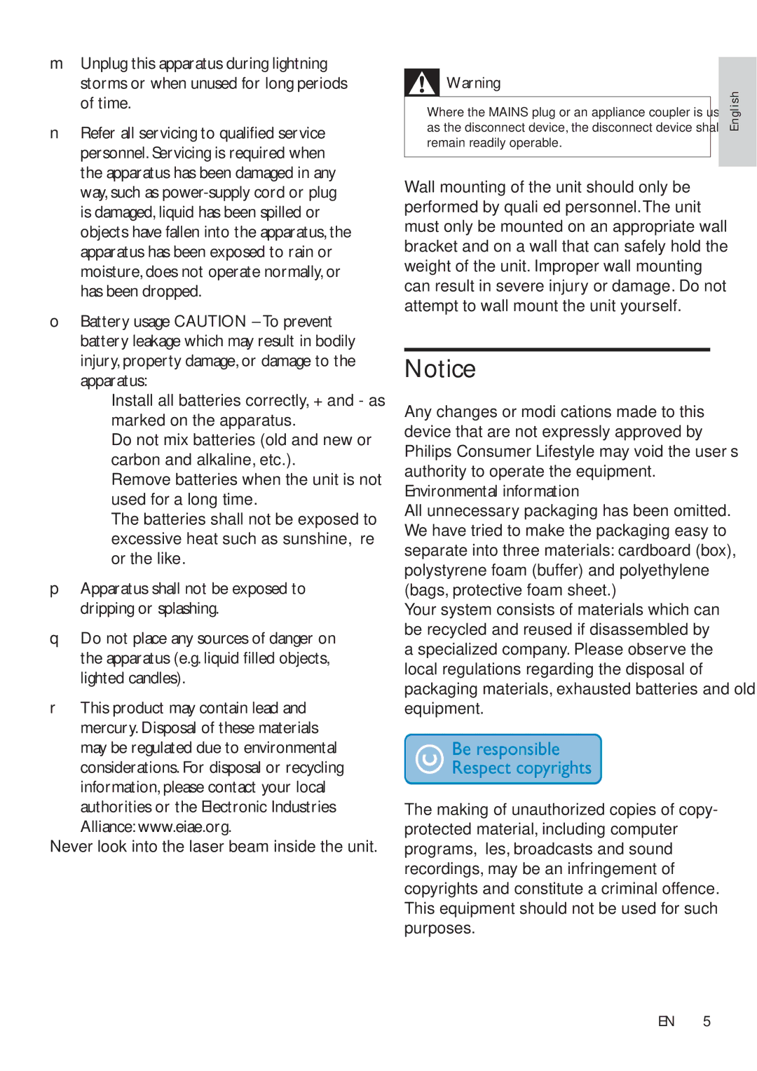 Philips HES4900/98 user manual Never look into the laser beam inside the unit 