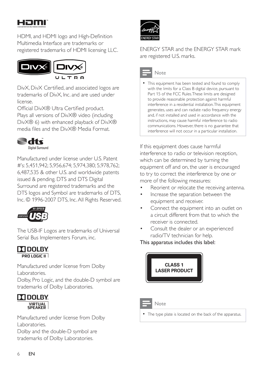 Philips HES4900/98 user manual This apparatus includes this label 