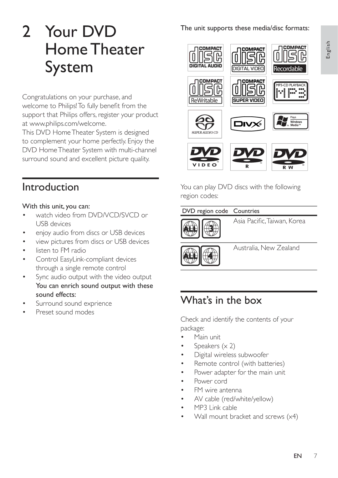 Philips HES4900/98 user manual Introduction, What’s in the box, You can play DVD discs with the following region codes 