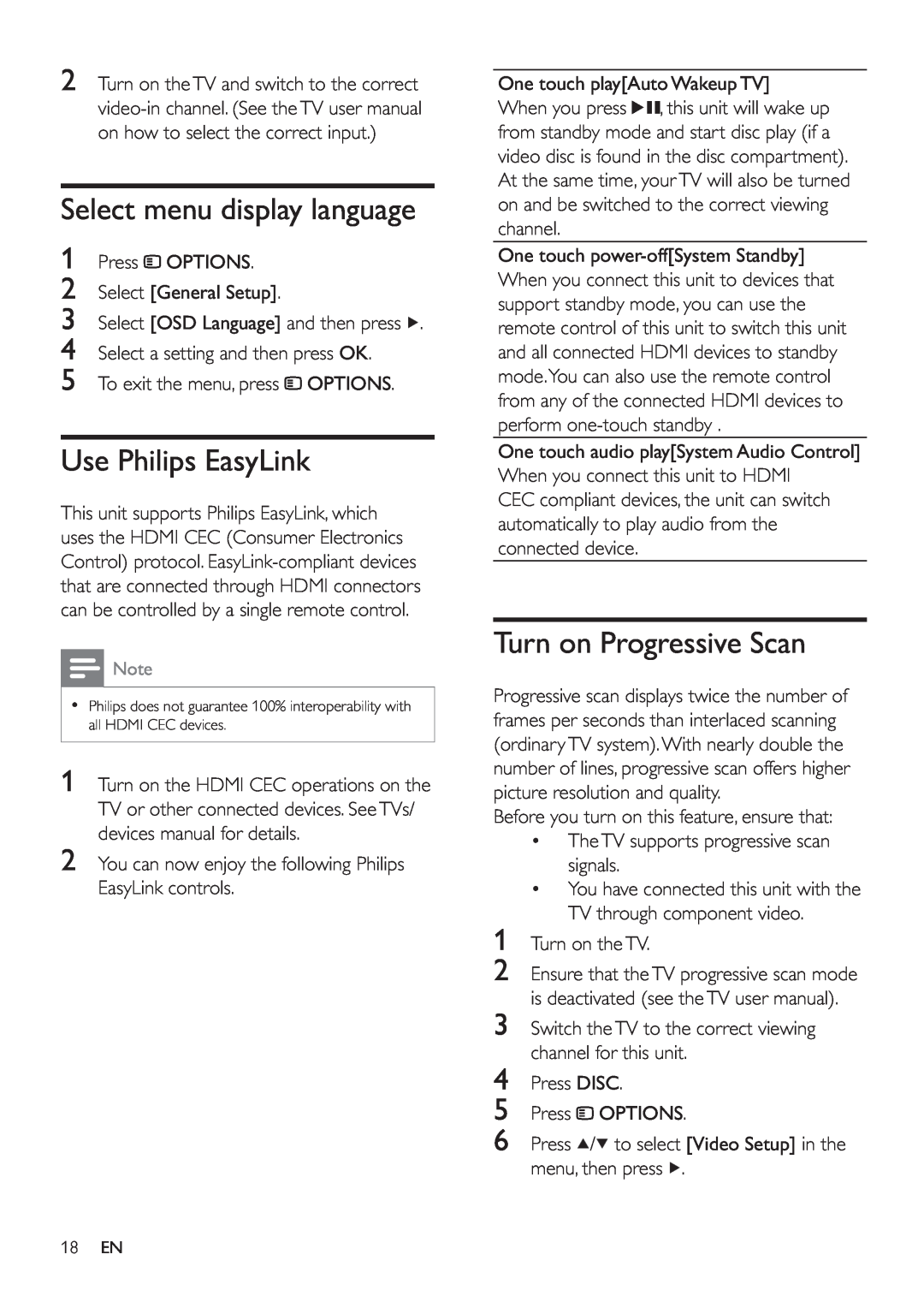 Philips HES4900/98 user manual Select menu display language, Use Philips EasyLink, Turn on Progressive Scan 