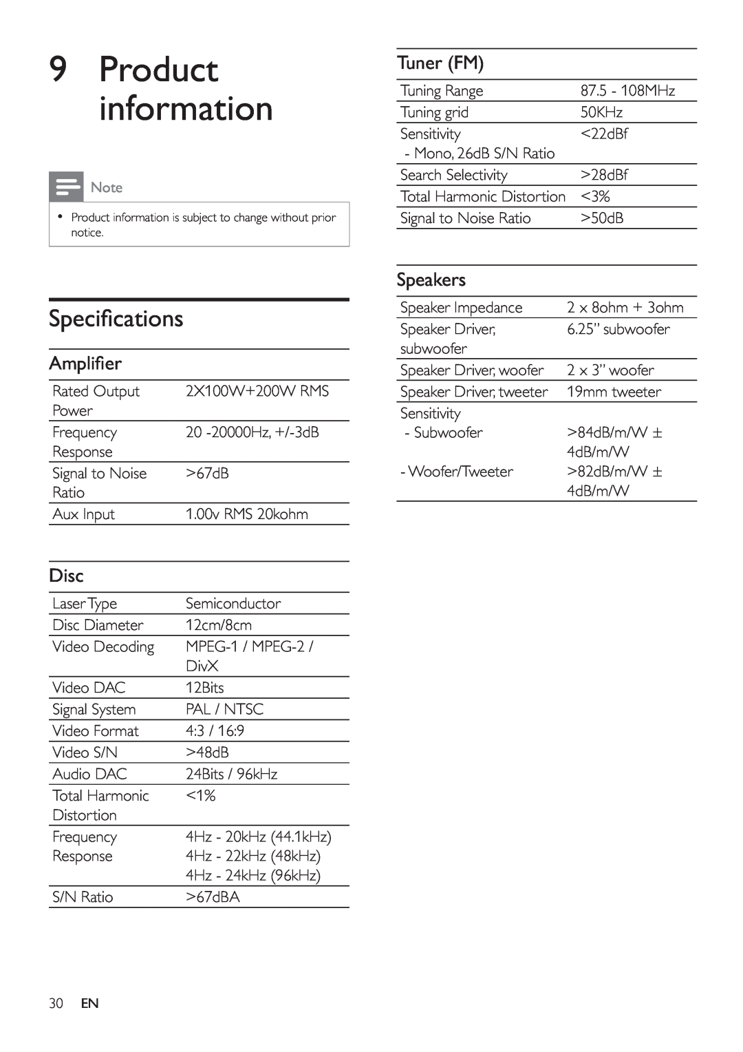 Philips HES4900/98 user manual Speciﬁ cations, Ampliﬁ er, Disc, Tuner FM, Speakers, 9Product information 