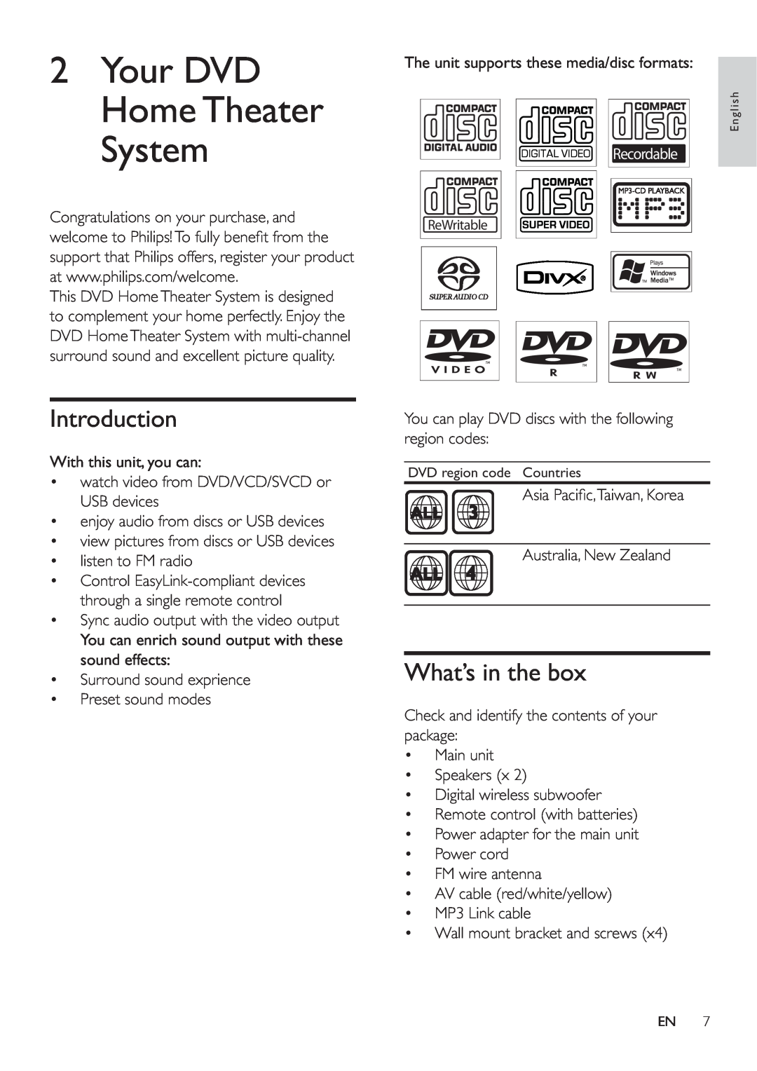 Philips HES4900/98 user manual 2Your DVD Home Theater System, Introduction, What’s in the box, Recordable 