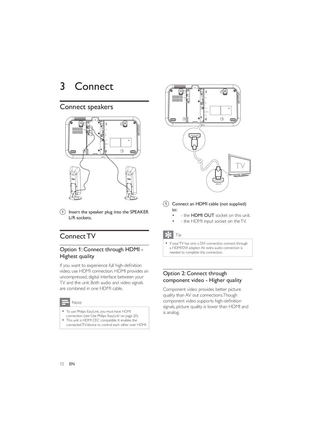 Philips HES4900/12 user manual Connect speakers, Connect TV, Option 1 Connect through Hdmi Highest quality 