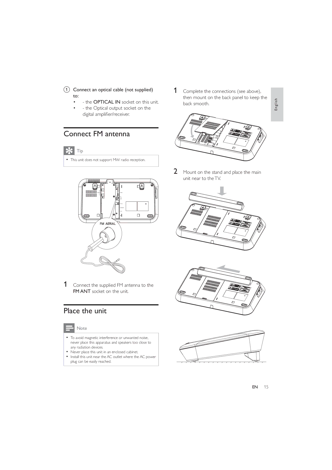 Philips HES4900/12 user manual Connect FM antenna, Place the unit, GljlwdoDpsolàhuUhfhlyhu 