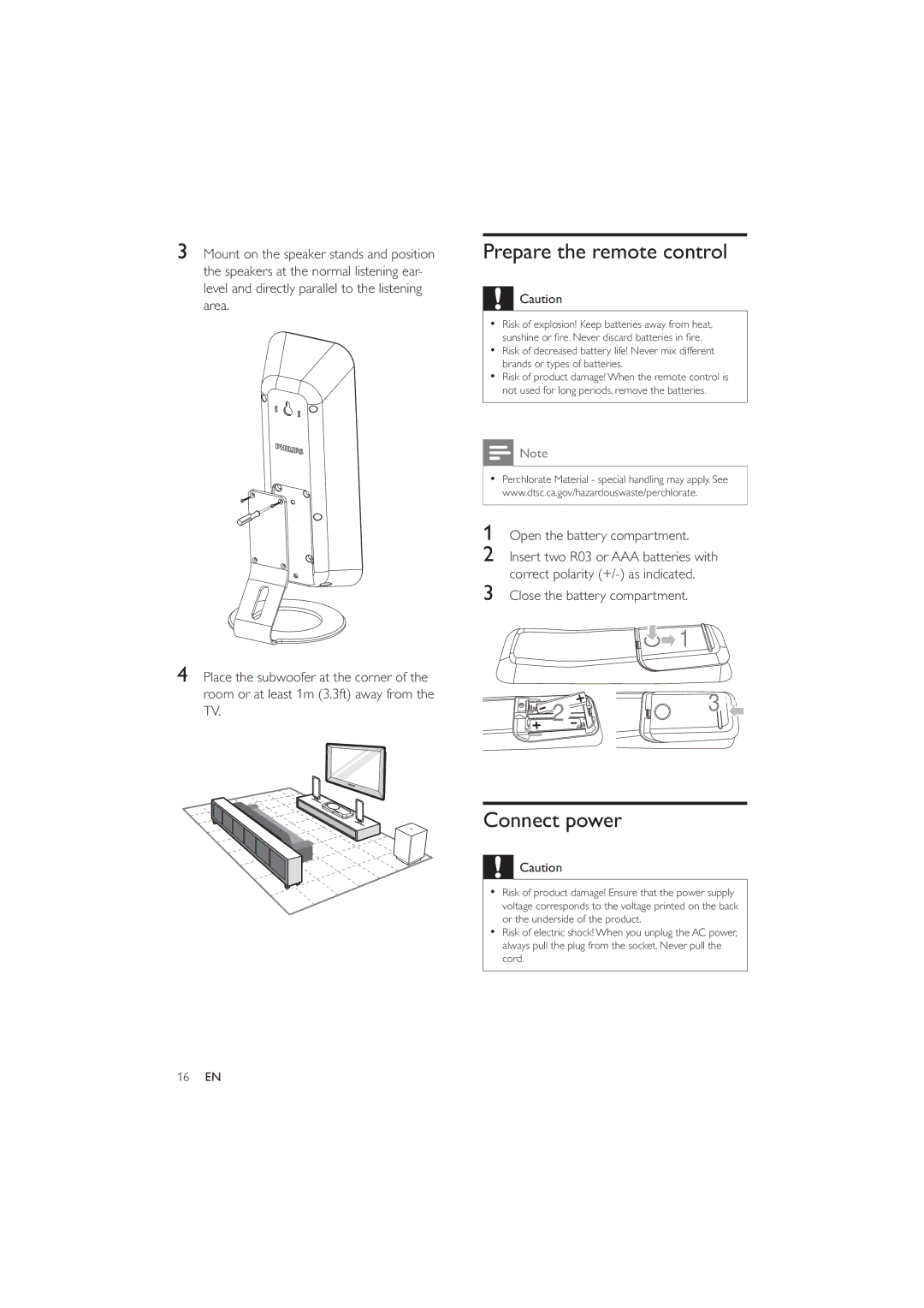 Philips HES4900/12 Prepare the remote control, Connect power, Open the battery compartment, Close the battery compartment 