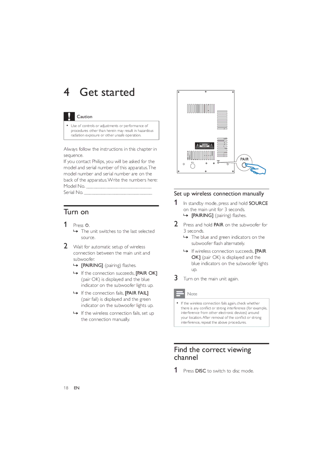 Philips HES4900/12 user manual Get started, Turn on, Find the correct viewing channel, Set up wireless connection manually 