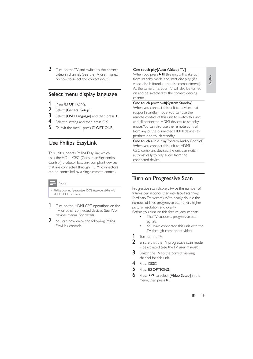 Philips HES4900/12 user manual Select menu display language, Use Philips EasyLink, Turn on Progressive Scan 