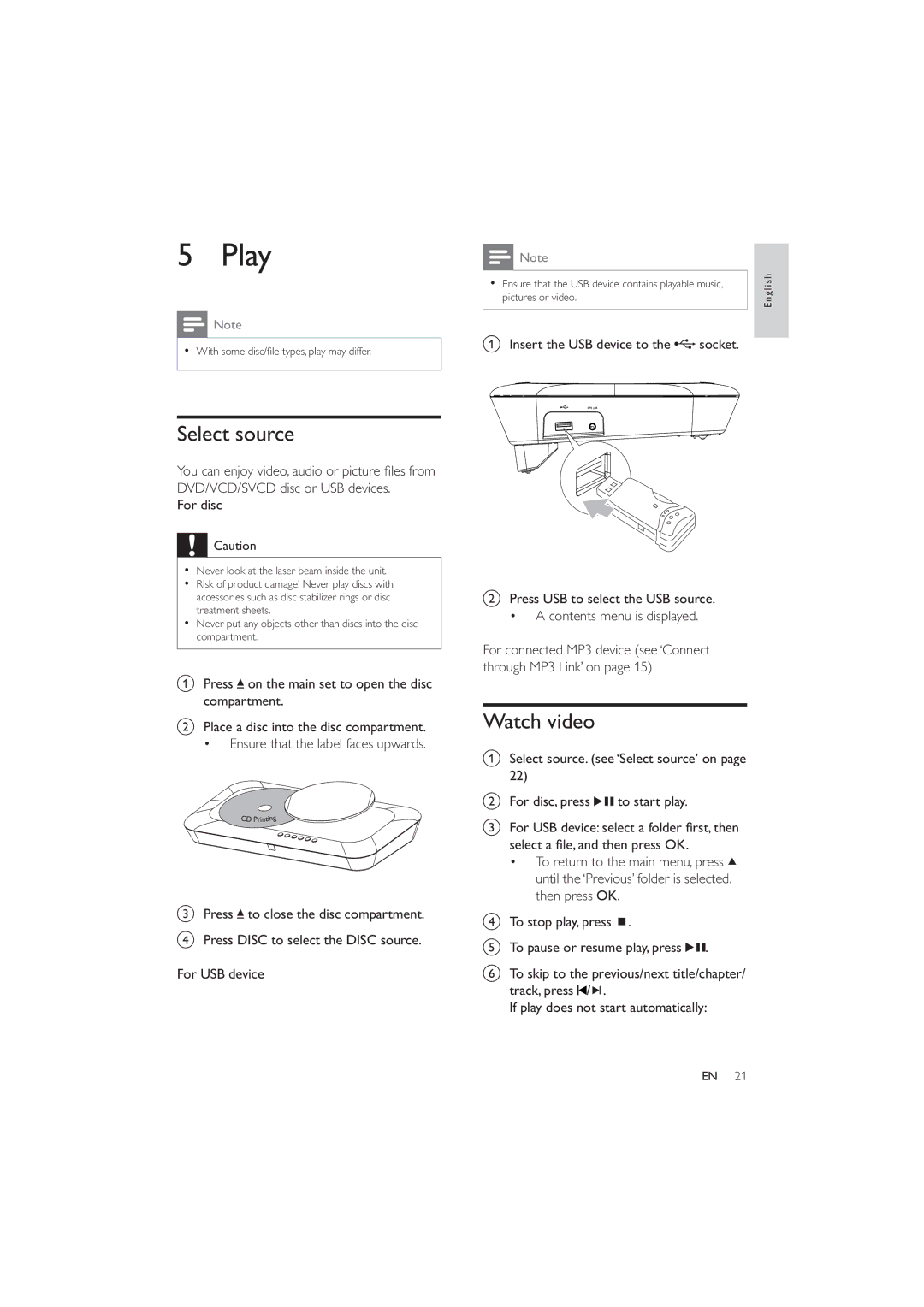 Philips HES4900/12 user manual Play, Select source, Watch video, Insert the USB device to the socket 