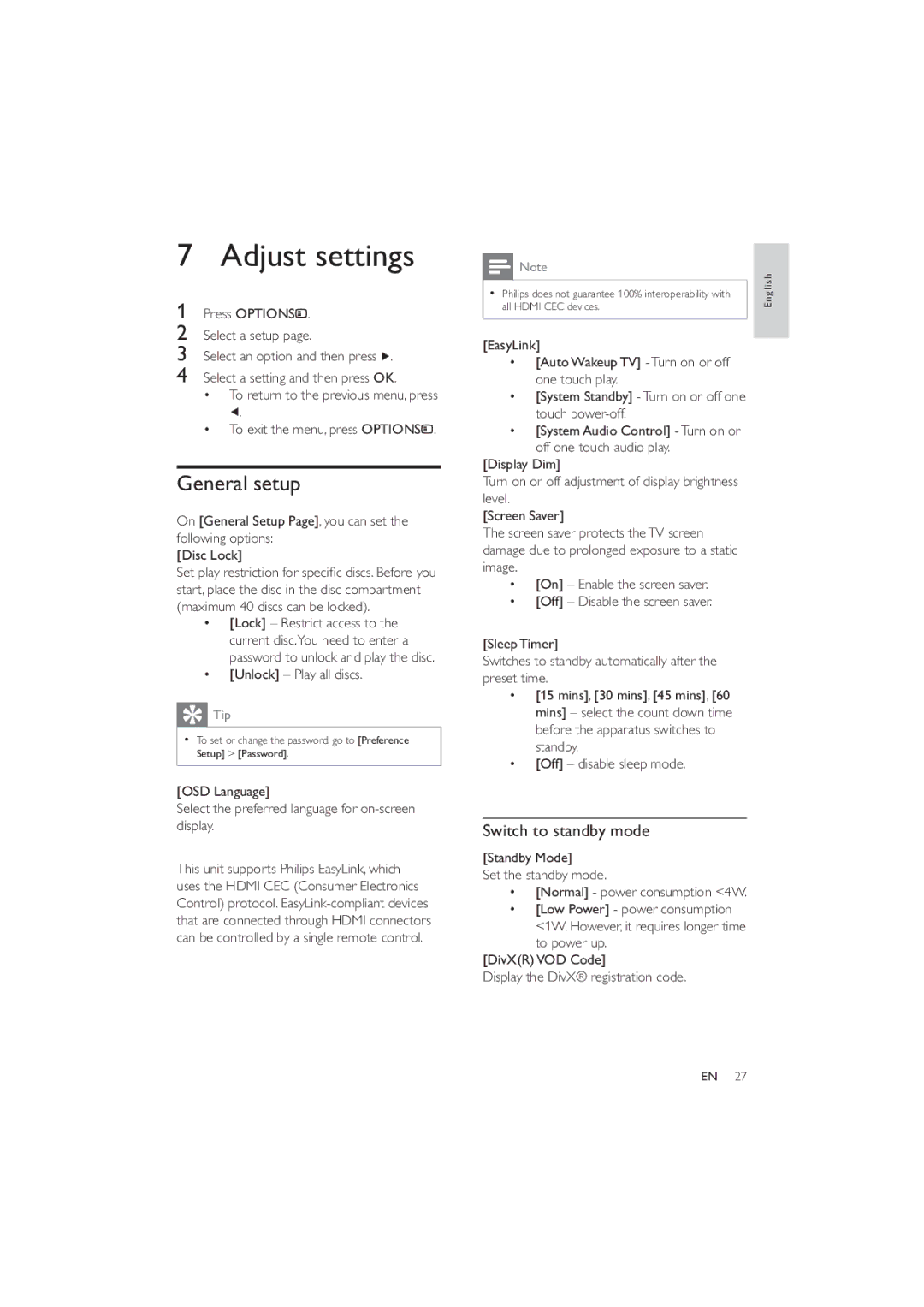 Philips HES4900/12 user manual Adjust settings, General setup, Switch to standby mode, Lvsod\WkhLyŠUhjlvwudwlrqFrgh 