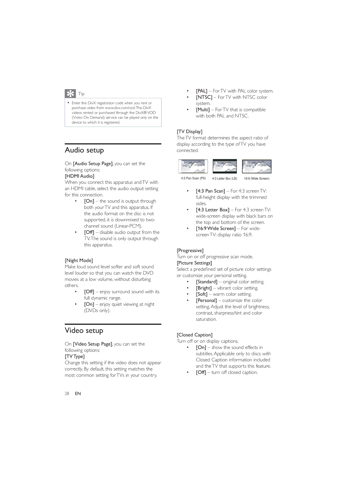 Philips HES4900/12 user manual Audio setup, Video setup, Closed Caption Turn off or on display captions 