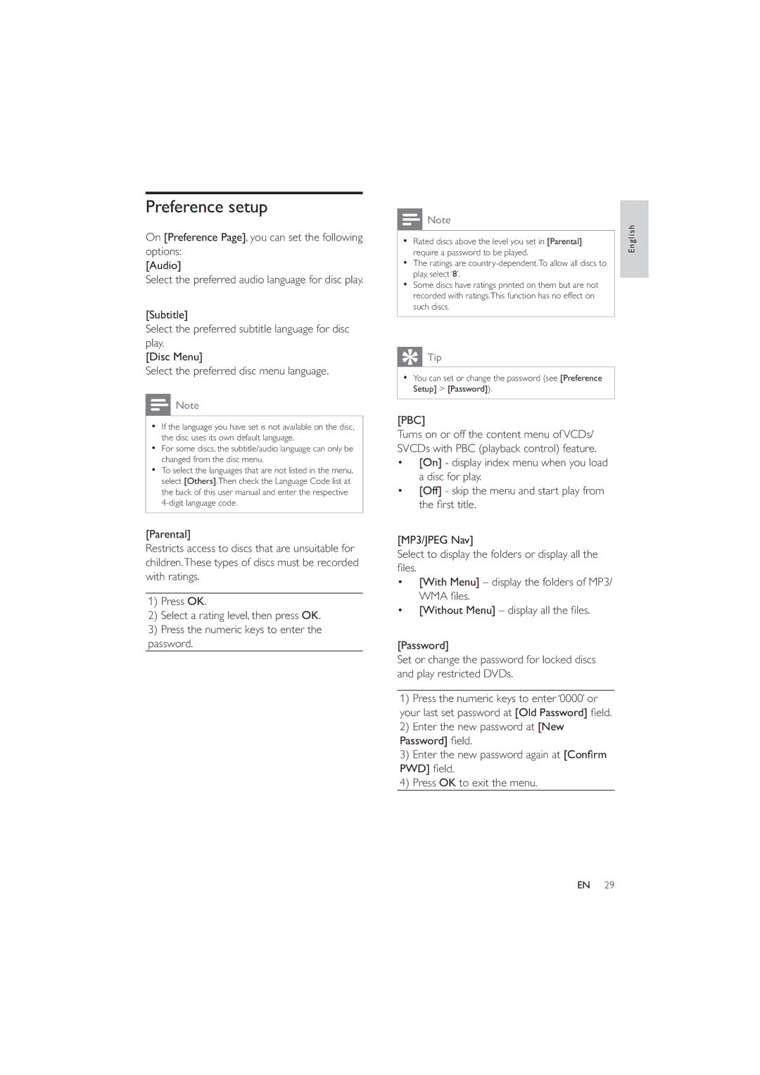 Philips HES4900/12 Preference setup, On Preference Page, you can set the following options Audio, Pbc, PwdÀhog 