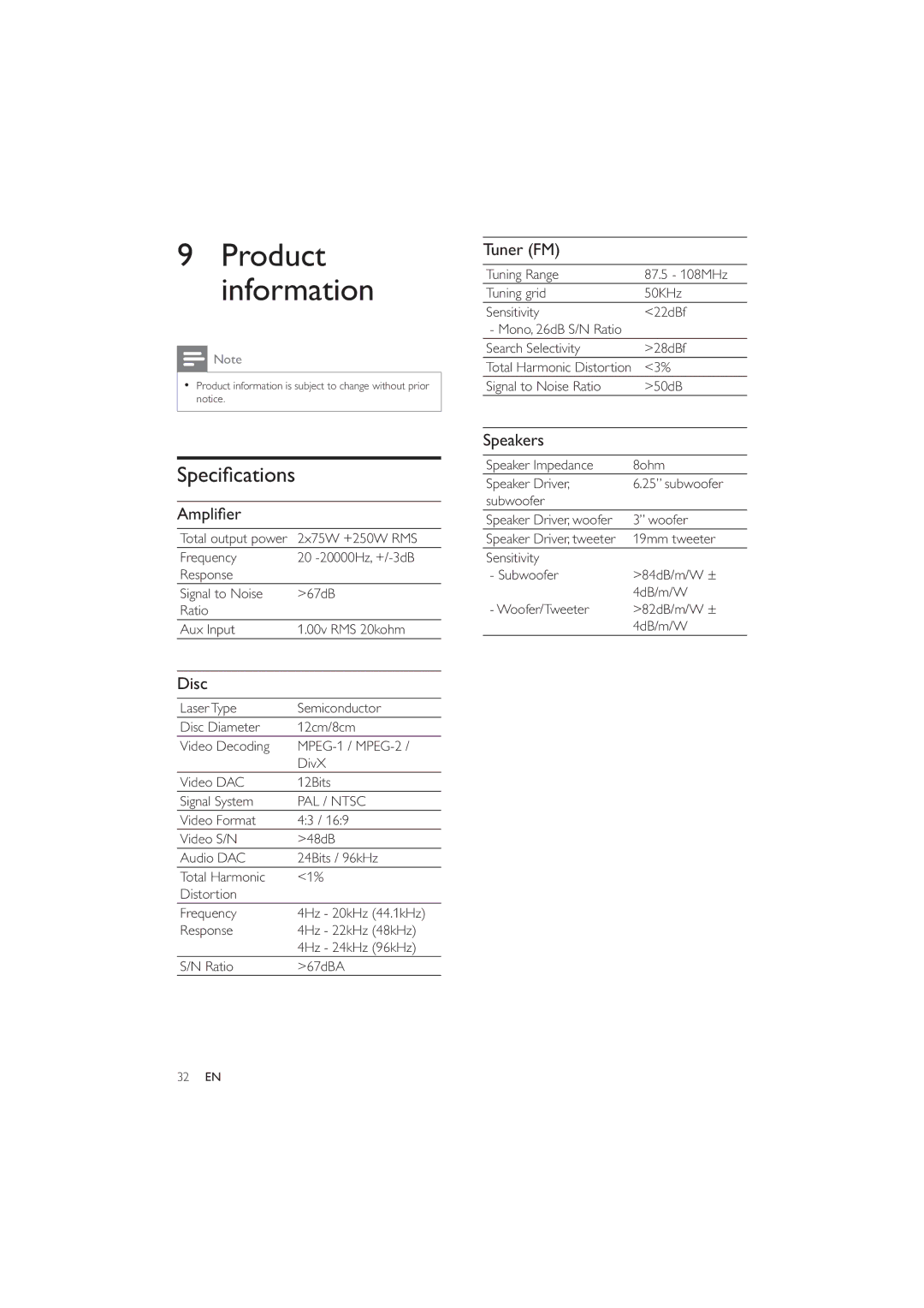 Philips HES4900/12 user manual Product information, Disc, 7XQHU0, Speakers 