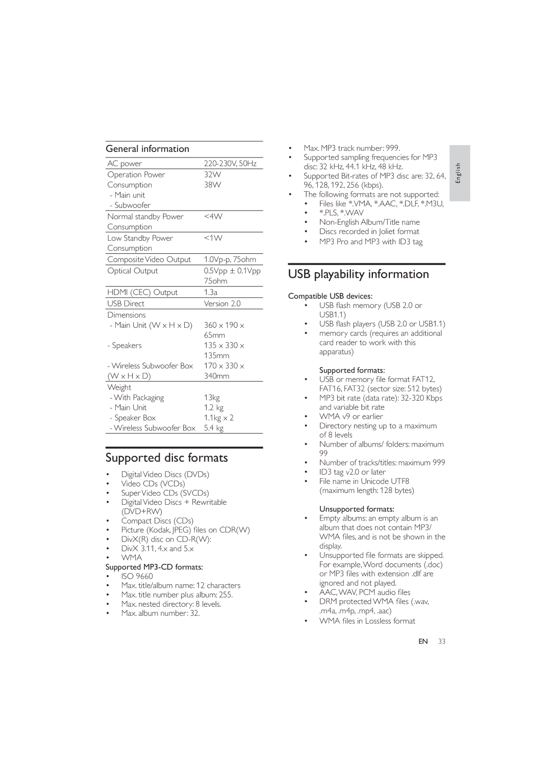 Philips HES4900/12 user manual Supported disc formats, USB playability information, General information 