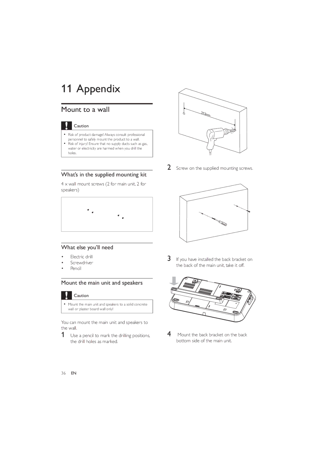 Philips HES4900/12 user manual Appendix, Mount to a wall, What’s in the supplied mounting kit, What else you’ll need 