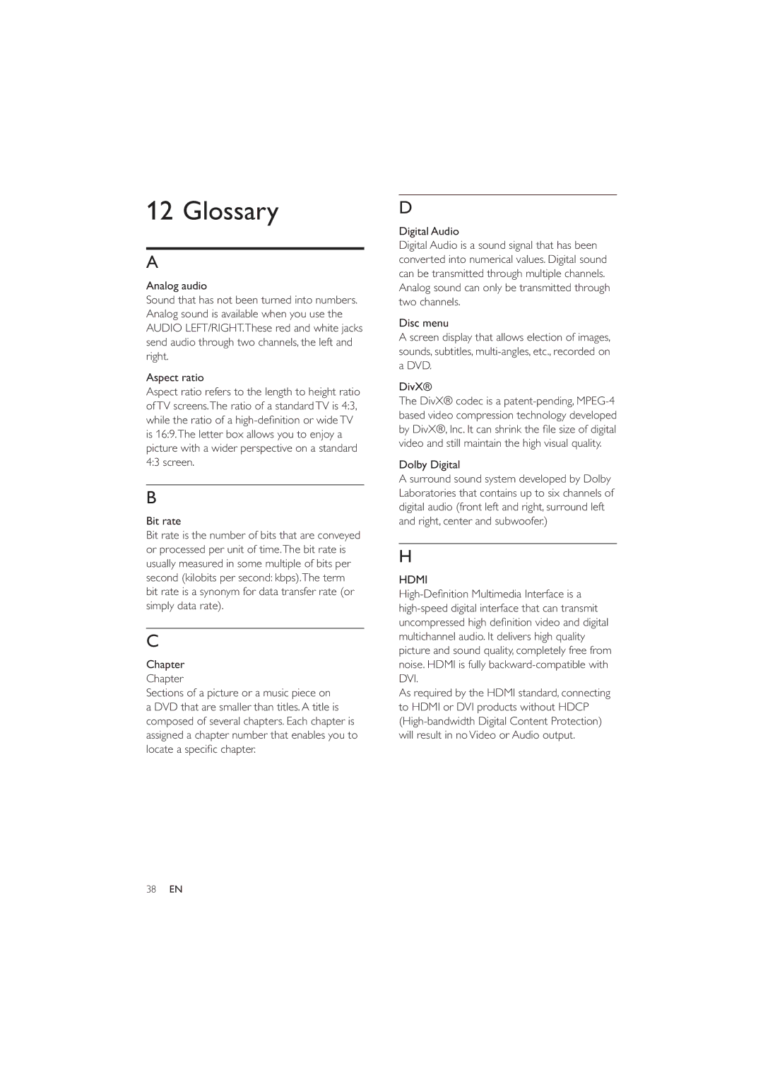 Philips HES4900/12 user manual Glossary, OrfdwhDVshflàfFkdswhu, Hdmi 