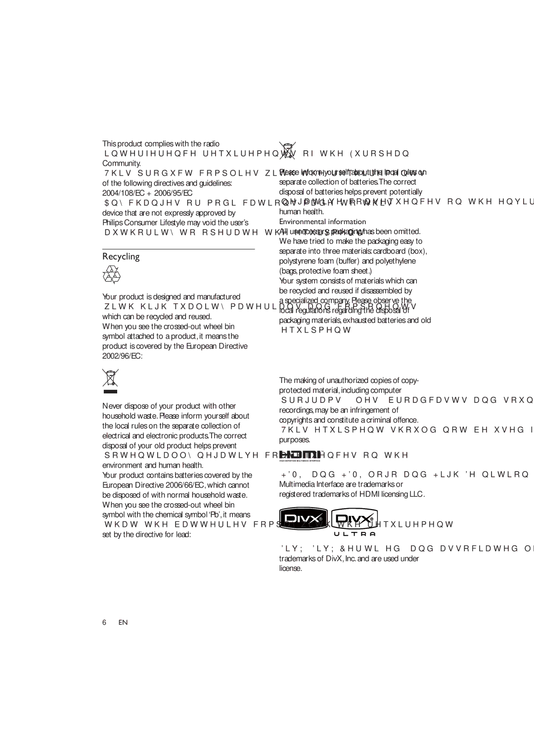 Philips HES4900/12 user manual Recycling, Htxlsphqw 