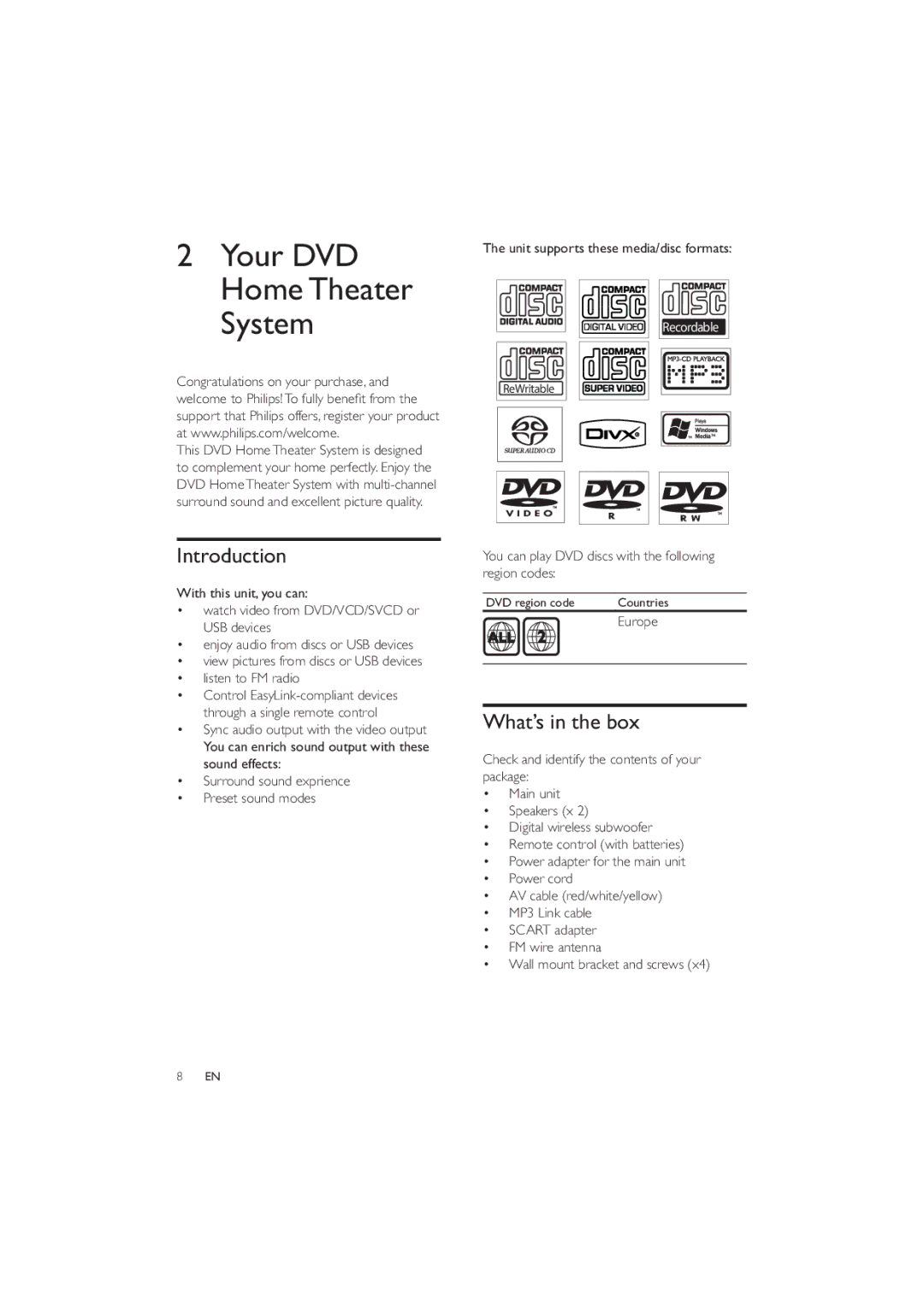 Philips HES4900/12 user manual Introduction, What’s in the box, Unit supports these media/disc formats, Europe 