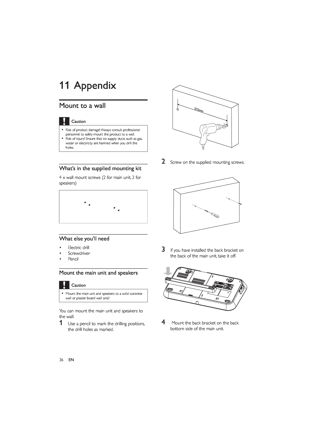 Philips HES4900/12 user manual Appendix, Mount to a wall, What’s in the supplied mounting kit, What else you’ll need 