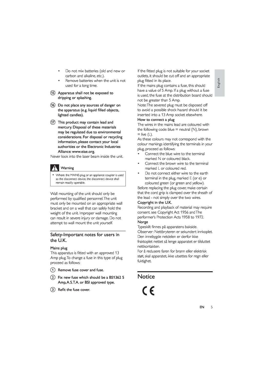 Philips HES4900/12 user manual Safety-Important notes for users in the U.K 