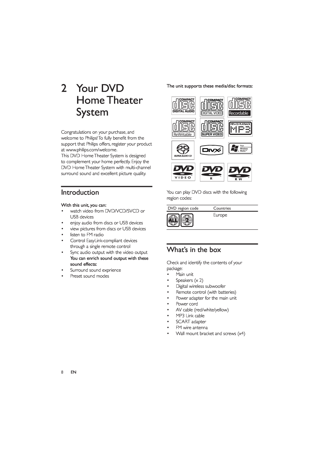 Philips HES4900/12 user manual Your DVD Home Theater System, Introduction, What’s in the box, Recordable 