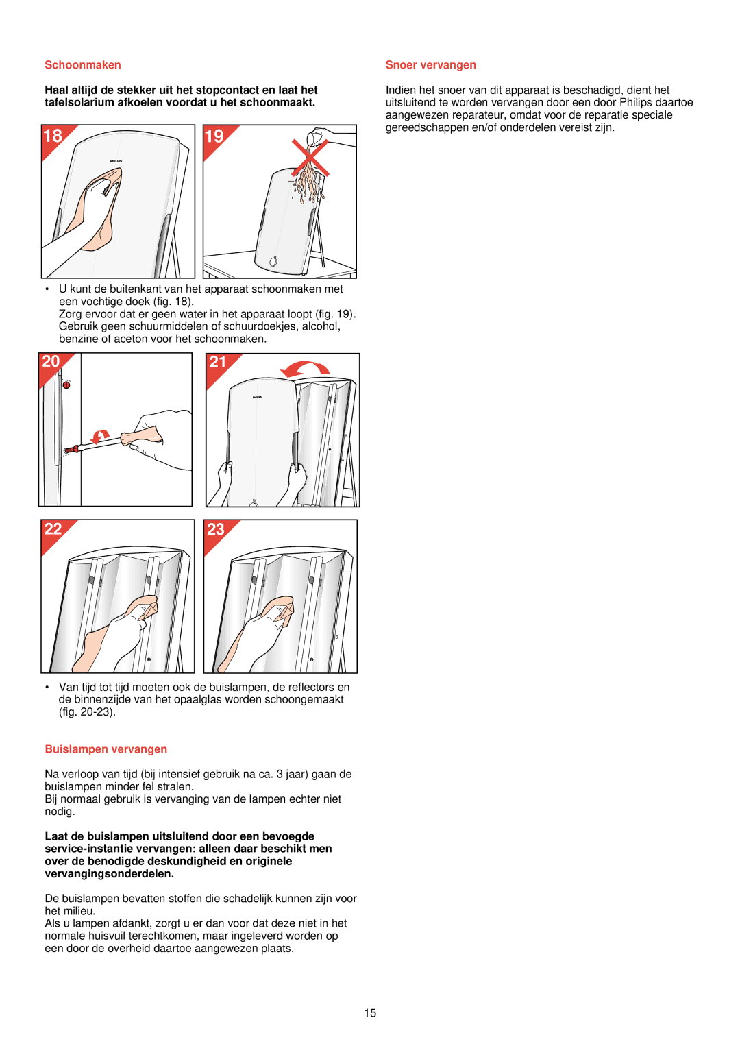 Philips HF 3300 manual Schoonmaken, Buislampen vervangen, Snoer vervangen 