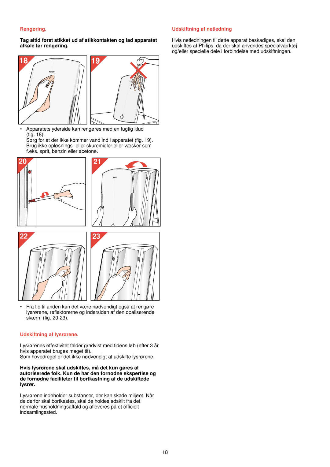 Philips HF 3300 manual Rengøring, Udskiftning af lysrørene, Udskiftning af netledning 