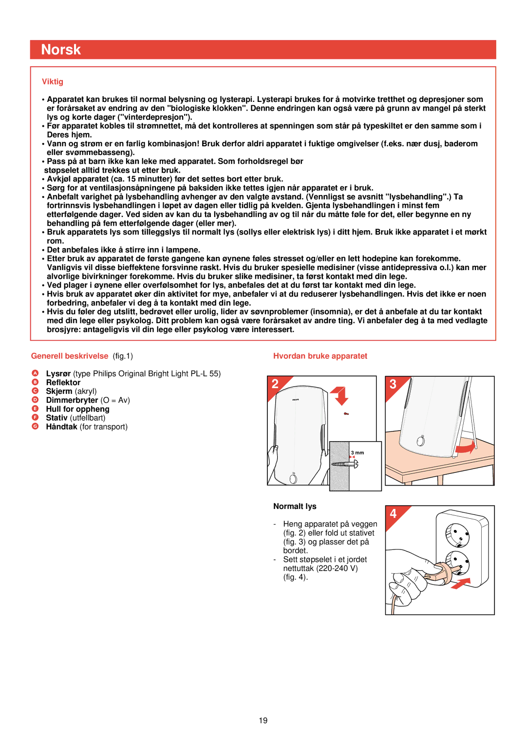 Philips HF 3300 manual Norsk, Viktig, Generell beskrivelse Hvordan bruke apparatet 