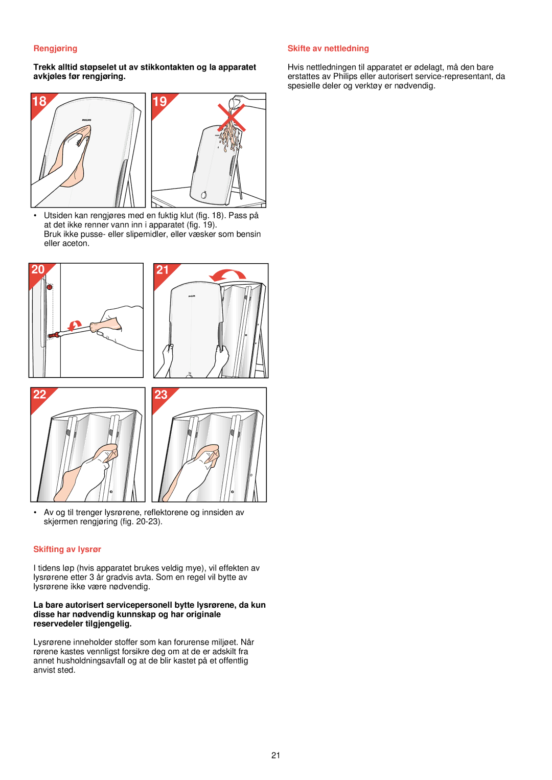 Philips HF 3300 manual Rengjøring, Skifting av lysrør, Skifte av nettledning 