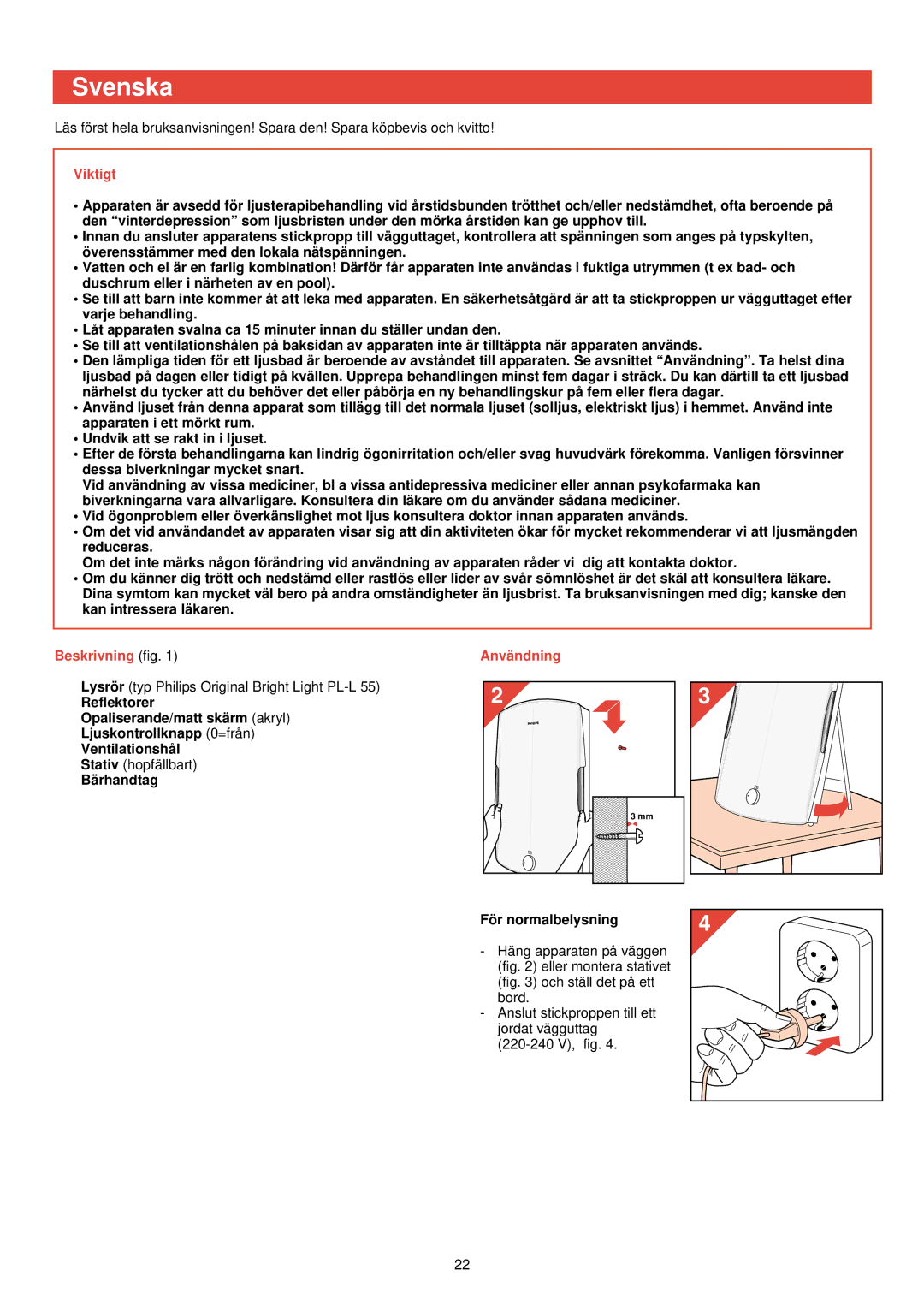 Philips HF 3300 manual Svenska, Viktigt, Beskrivning fig Anvä ndning, Bä rhandtag Fö r normalbelysning 